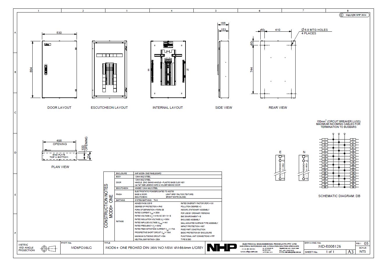 NHP Distribution Panelboard 36P 250A 415V 864x530x153mm | Go Electrical
